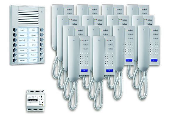 TCS deurbediening audio: pack AP voor 14 wooneenheden, met buitenpost PES 14 belknoppen, 14x deurtelefoon ISH3030, bedieningseenheid BVS20, PPA14-EN/02