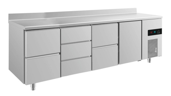 A&S Polarny koeltafel -2 tot +8°C met deur rechts, 2x twee laden en drie laden middenlinks, 2330 x 700 x 850 mm, met opstaande rand, KT4ZDZTA