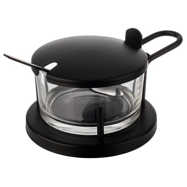 APS Parmezaankan -CLASSIC-, Ø 11 x 7 cm, glas, RVS, zwart, inclusief lepel, 0,18 liter, 40333