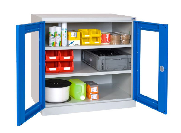 SOFAME stalen kasten met kijkvensterdeuren B 1000 x D 500 x H 1950, met 4 planken, lichtgrijs RAL 7035/lichtgrijs RAL 7035, W030050001GCGC