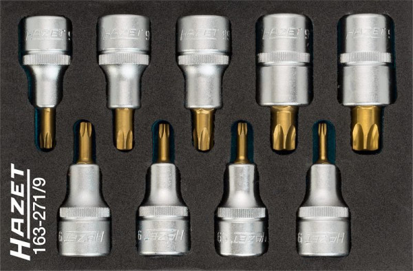 Hazet schroevendraaierdopset TORX®, hol vierkant 12,5 mm, binnen TORX® profiel, T20 - T60, aantal gereedschappen: 9, met karteling, 163-271/9