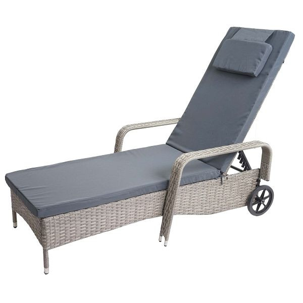Mendler poly rotan ligstoel Carrara, relaxligstoel, tuinligstoel, aluminium, grijs, donkergrijze kussens, 65248