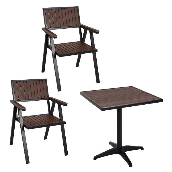 Mendler set van 2 tuinstoelen + tuintafel HWC-J95, stoeltafel, gastro outdoor coating, aluminium polywood, zwart, donkerbruin, 84857 + 84861