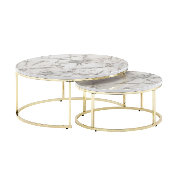Wohnling salontafel set van 2 witgoud marmerlook salontafel rond modern, salontafels 2-delig metaal, ronde woonkamertafels, design nesttafels, WL6.508