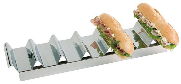 APS snackpresentator, 47,5 x 10,5 cm, hoogte: 6 cm, roestvrij staal, hoogglans gepolijst, met verzonken handgreep, met 7 uitsparingen, 11891