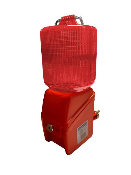 Schake bouwheklamp, rode behuizing, rode 360° lens, inclusief metalen beugel voor bevestiging aan buizen/stopcontacten en ring voor bevestiging aan lantaarnijzer, 31210R