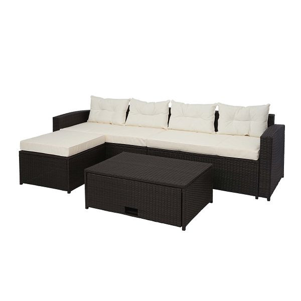 Mendler poly rotan set HWC-J34, balkon-/tuin-/loungeset, bank, opbergvak, bruin, kussens creme-beige, 77081+77082+77083