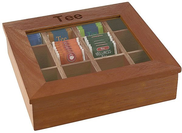 APS theedoos met 12 kamers, 31 x 28 cm, hoogte: 9 cm, roodbruine houten kist met kijkvenster van acryl, 11776