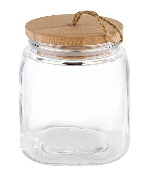 APS voorraadpot -WOODY-, 14 x 14 cm, hoogte: 17 cm, glas, grenenhout, siliconen, 2 liter, inclusief houten deksel, 82256