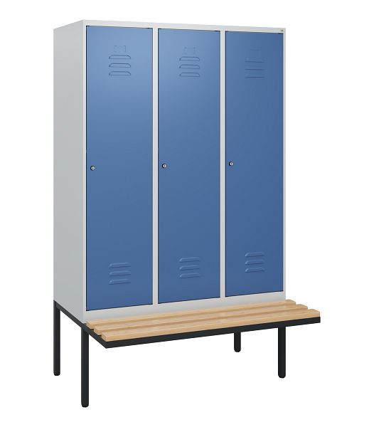 C+P Umkleidespind Classic PLUS, 3 Abteile, 1950x1200x815mm, 7035/5023, Zylinderschlösser, Buche-Sitzleisten, 0800405-32 S10020