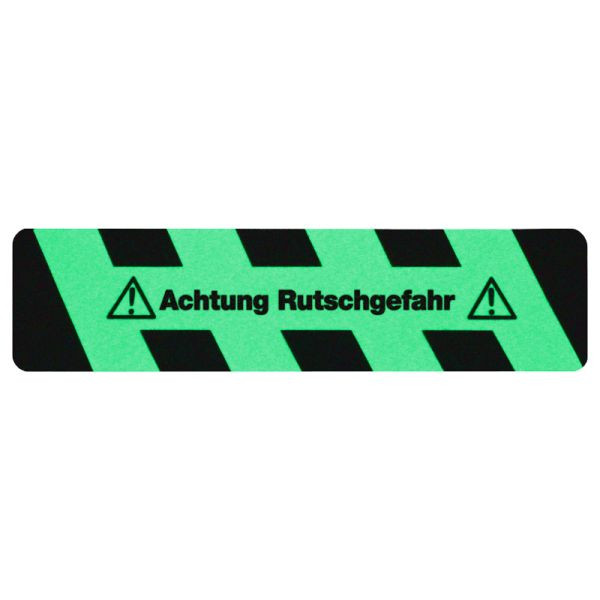 m2 antislipbekleding, lichtgevend zwart/groen met tekst "Let op: gevaar voor uitglijden" strepen 150x610mm, M1X11500610