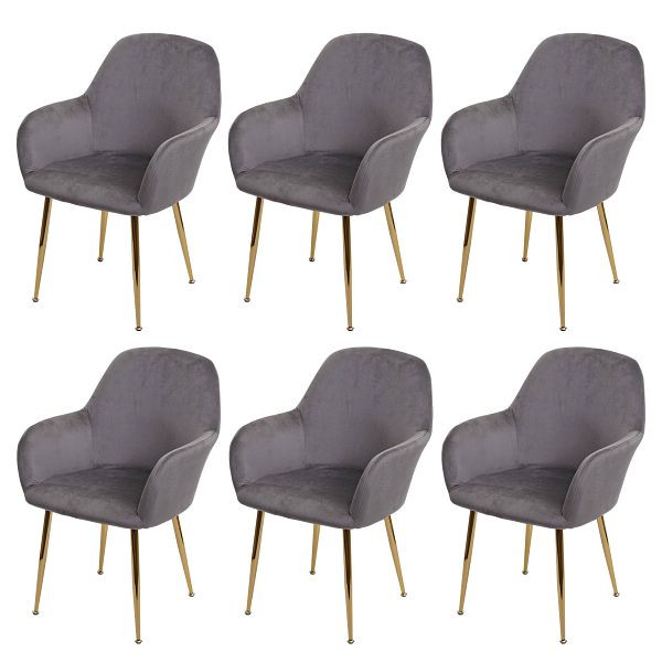 Mendler Set van 6 eetkamerstoelen HWC-F18, stoel keukenstoel, retro design, grijs velours, gouden poten, 3x83092