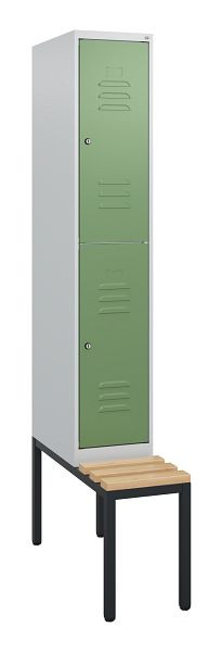 C+P dubbeldekkerkast Classic PLUS, 1950x300x815mm, 7035/6011, cilindersloten, zitlat van beukenhout, met zitbank eronder, 0803505-10 S10036