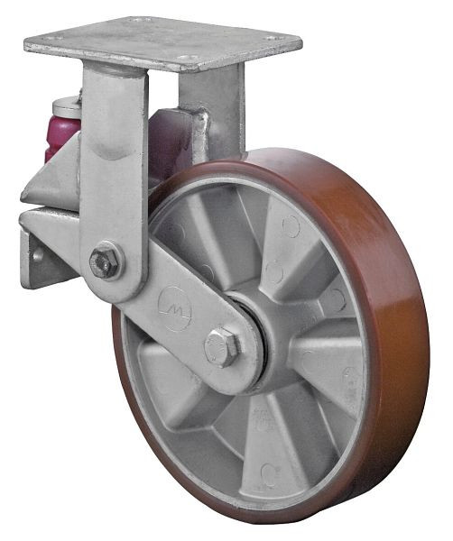 BS-rollen Veerbelast zwaarlastwiel, bokwiel, breedte 50 mm, Ø200 mm, tot 600 kg, polyurethaan gegoten 95 Shore A, aluminium, kogellager, T110.B90.200