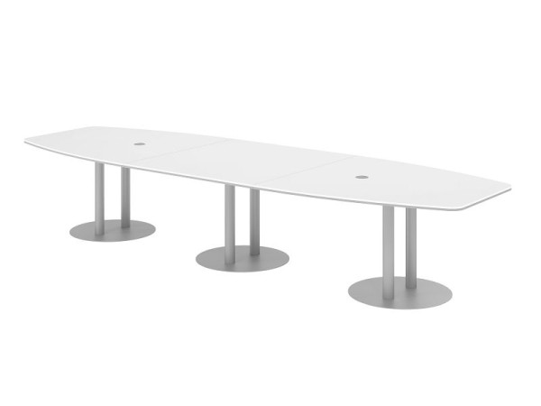 Hammerbacher vergadertafel KT40S, 400 x 130 cm, blad: wit, 25 mm dik, met drie zilveren kolompoten, 7,6/70 cm, werkhoogte 74 cm, VKT40S/W/S