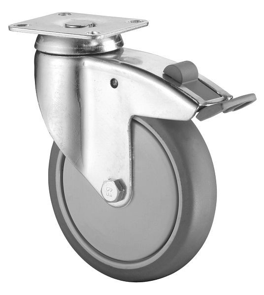 BS-wielen Zwaar apparaatwiel met rem, breedte 31 mm, Ø125 mm, tot 100 kg, grijs rubber, kogellager, plaat, VE = 2 stuks, C120.A85.125