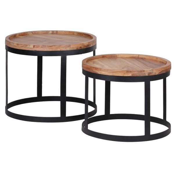 Wohnling set van 2 bijzettafels AKOLA massief hout acacia bijzettafel in landhuisstijl metalen frame natuurlijk hout, WL1.551