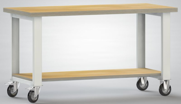 KLW verrijdbare standaard werkbank - 1500 x 700 x 840 mm L x B x H, met beuken multiplex werkblad 1500 x 700 x 40 mm, WS880N-1500M40-X7003