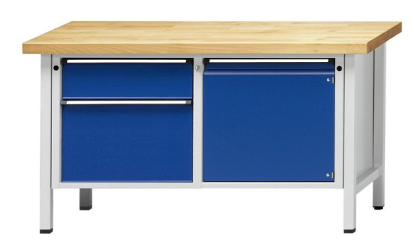 ANKE kastwerkbank; 1500x700 mm; RAL 7035/5010; Links 2 laden 180, 360 mm; Rechts 1 deur 540 mm