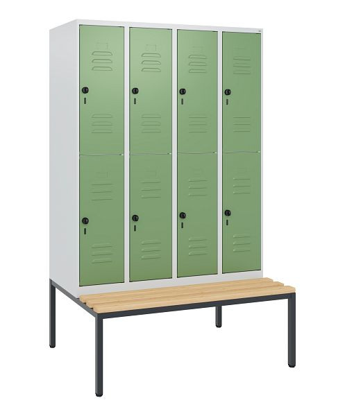 C+P Doppelstöckiger Spind Classic PLUS, 4 Abteile, 1950x1200x815mm, 7035/6011, Drehriegel, Buche-Sitzleisten, mit untergebauter Sitzbank, 0803505-40 S10006