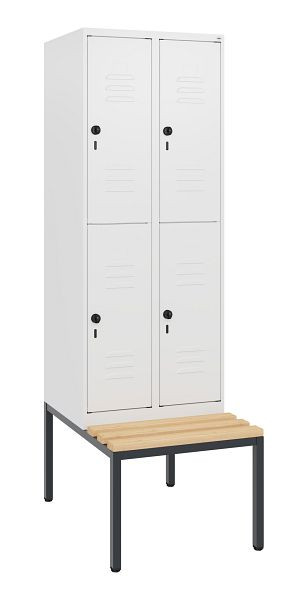 C+P Doppelstöckiger Spind Classic PLUS, 2 Abteile, 1950x600x815mm, 9016/9016, Drehriegel, Buche-Sitzleisten, mit untergebauter Sitzbank, 0803505-20 S10014