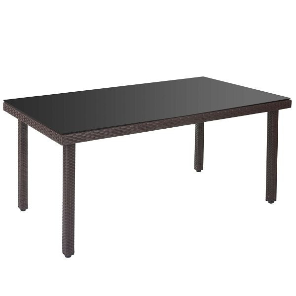 Mendler Cava poly rotan tuintafel, eettafel met glazen blad, 160x90x74cm, bruin, 52355