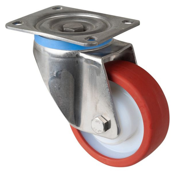 BS rollen RVS zwaarlastwiel zwenkwiel, RVS, wiel rood polyurethaan, glijlager, schroefplaat, diameter 125 mm, HS100.B27.126