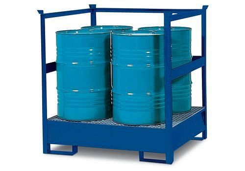 DENIOS station voor gevaarlijke goederen 4 P2-R van staal, geverfd, voor 4 vaten van elk 200 liter, met frame, stapelbaar, 114-608