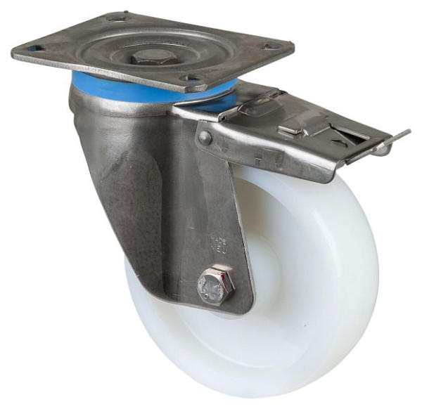BS rollen RVS zwaarlastwiel zwenkwiel met rem, RVS, kunststof wiel, glijlager, schroefplaat 150 mm 700 kg, HS120.A90.150