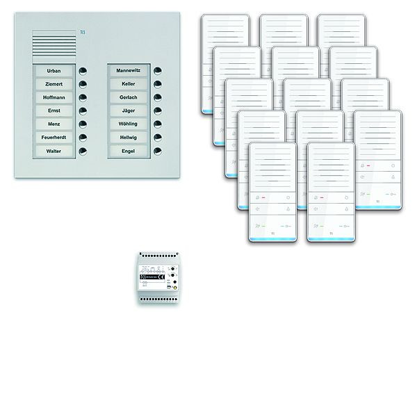 TCS deurbedieningssysteem audio: pack UP voor 14 wooneenheden, met buitenstation PUK 14 belknoppen 2-koloms, 14x handsfree luidspreker ISW5031, bediening, PAUF142 / 001