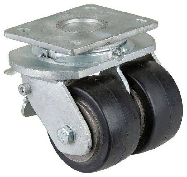 BS Rollen Zware dubbele zwenkwiel met wiel/slot, B2x50 mm, Ø100 mm, tot 420 kg, zwarte elastische banden, gegoten lichaam, kogellagers, S120.B81.100
