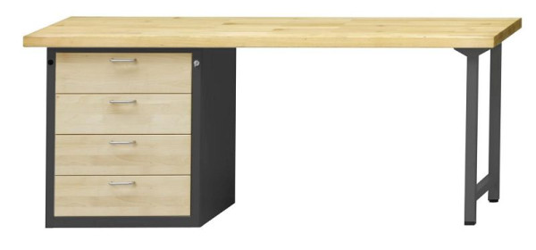 ANKE combinatie werkbank; 2000x700 mm; RAL 7016 / natuurlijk gewaxt beuken; Beuk massieve plaat; Linker onderkast (V-BL) 660x615 mm, 4 laden