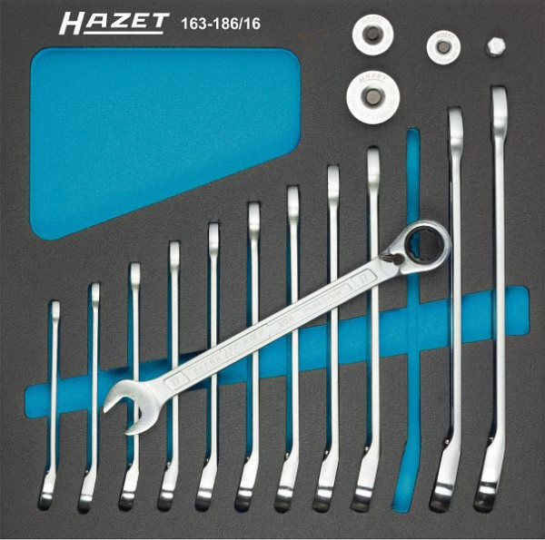 Hazet ringratelsleutelset, met vierkante adapters, uitwendig dubbel zeskant trekprofiel, 8 - 19, aantal gereedschappen: 16, 163-186/16