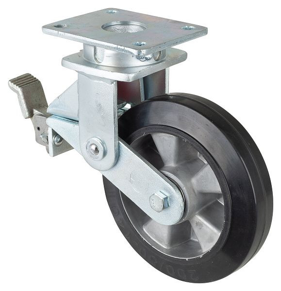 BS Rollen Veerbelaste zwaarlastwielen met rem, breedte 50 mm, Ø200 mm, tot 450 kg, zwarte elastische banden, aluminium behuizing, kogellagers, T120.B80.200