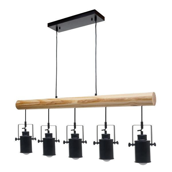 Mendler hanglamp HWC-H83, hanglamp hanglamp, industrieel vintage massief hout metaal zwart, 5 spot lampenkappen, 74214