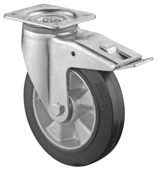 BS Rolls Zwaarlastwiel met rem, breedte 50 mm, Ø200 mm, tot 450 kg, zwarte elastische banden, aluminium wiellichaam, kogellagers, L620.B80.200