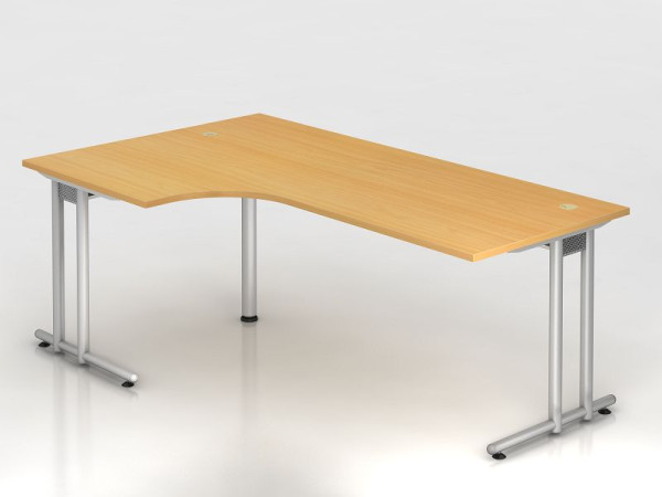 Hammerbacher hoektafel C-poot 200x120cm 90° beuken/zilver, hoekvorm 90°, horizontale kabelgoot, werkhoogte 72 cm, VNS82/6/S