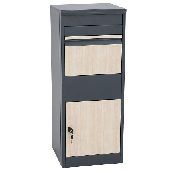 Mendler Paketkasten HWC-G80, Paketbox staande brievenbus brievenbus maat L, gegalvaniseerd antraciet, licht houtlook, 83549
