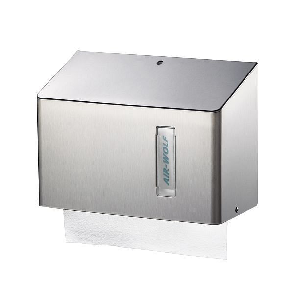 Air Wolf dispenser voor papieren handdoekjes voor ca. 300 gevouwen papieren handdoeken, serie Omega, H x B x D: 200 x 278 x 133 mm, gecoat roestvrij staal, 29-020