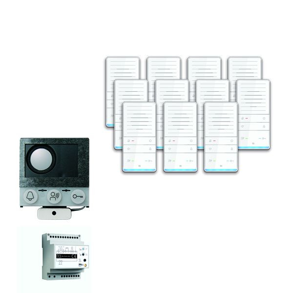 TCS deurbedieningssysteem audio: pakketinstallatie voor 11 wooneenheden, met ingebouwde luidspreker ASI12000, 11x handsfree luidspreker ISW5031, bedieningseenheid BVS20, PAIF110 / 002