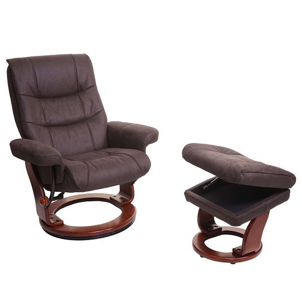 Mendler MCA relaxfauteuil HWC-J42, tv-stoel tv-stoel kruk, stof, zwartbruin imitatiesuède, frame walnoot-look, 78129