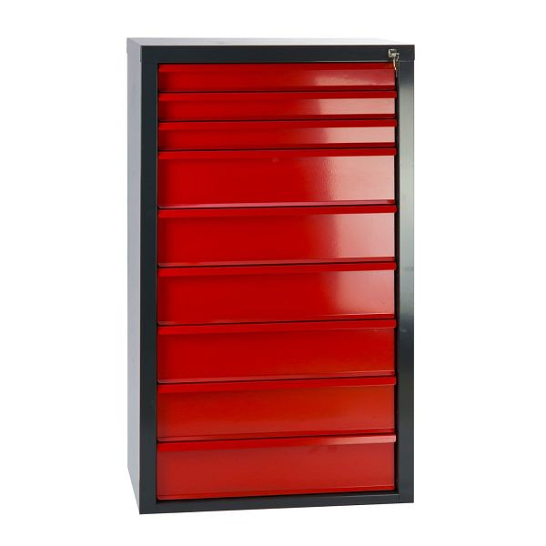ADB ladekast "MAMMUT" 9 laden, kleur corpus: grijs, RAL 7016, kleur lade: rood, RAL 3020, afmetingen BxDxH: 70x43,5x120 cm, 24801