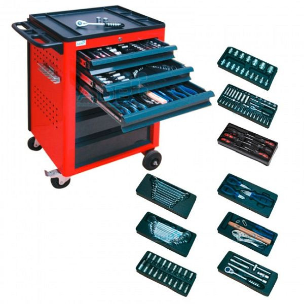ADB BASIC werkplaatswagen met gereedschap, 115 delig, afmetingen: 960 x 610 x 450 mm (HxBxD), carrosseriekleur: rood, RAL 3020, frontkleur: grijs, RAL 7016, 21002