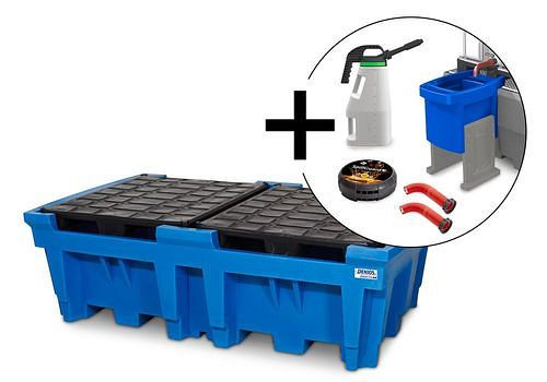DENIOS classic-line set bestaande uit 2 IBC-PE opvangbak, lekdetector, opzetstuk vulcontainer, schenktuitverlengingen en kan, 276650