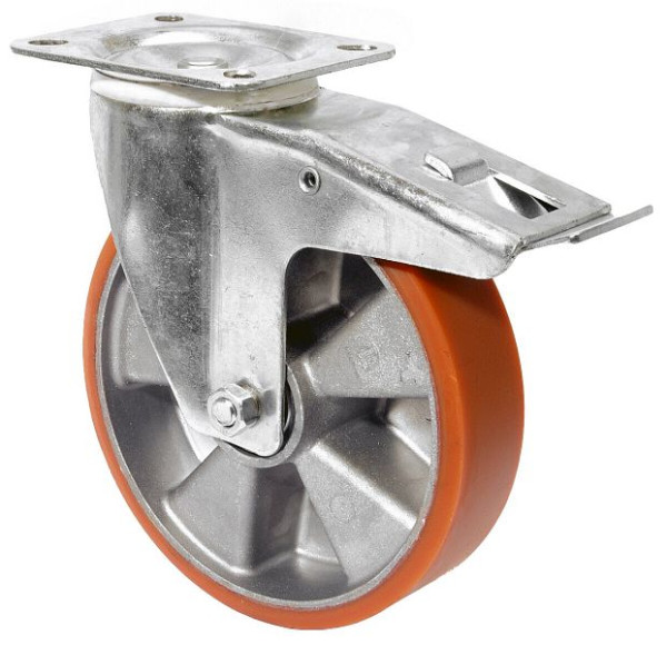 BS rollen transportrol met rem, breedte 38 mm, Ø125 mm, tot 300 kg, gegoten polyurethaan loopvlak, aluminium behuizing, kogellagers, LB520.B90.125