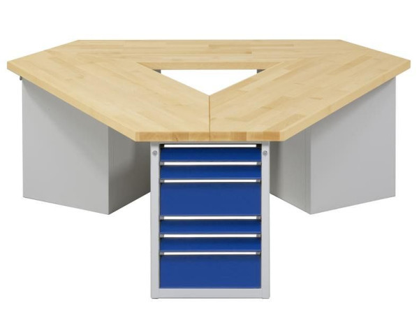 ANKE driehoekige groepswerkbank; 3 werkplekken; 2370x2052 mm; RAL 7035/5010; Massief beuken blad 50 mm; Randlengte 1660 mm, model 306 VG