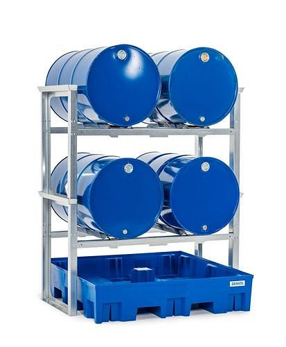 DENIOS vatenrek voor 4 vaten van elk 200 liter, met kunststof bak, 1429 x 1235 x 1637 mm, 291-786