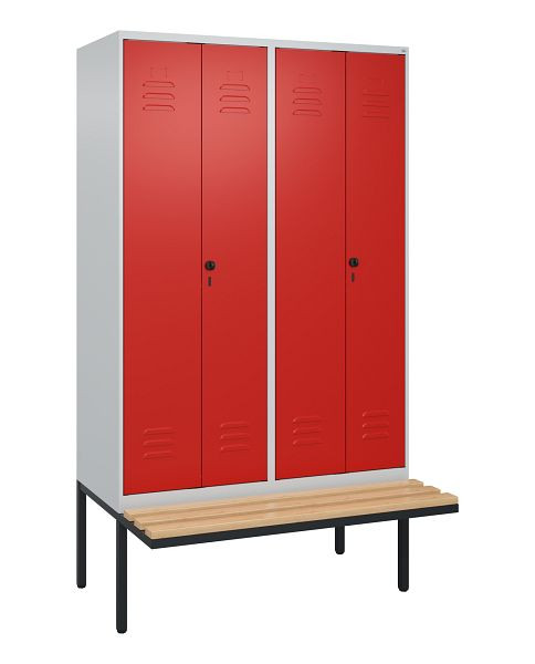 C+P Umkleidespind Classic PLUS, Doppel-Spind, 4 Abteile, 2120x1200x815mm, 7035/3020, Drehriegel, Buche-Sitzleisten, 0800427-40P S10002