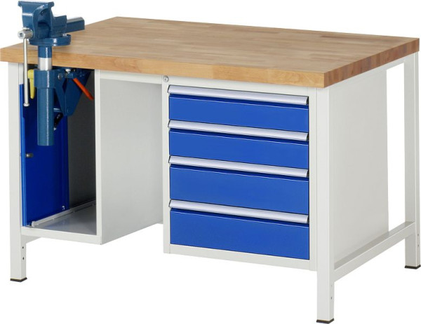 RAU werkbank serie 8000 - frameconstructie (gelast frame), 2 onderbouw containers (bankschroef, 4x lade), 1250x840x900 mm, 03-8185A1-129B4S.11