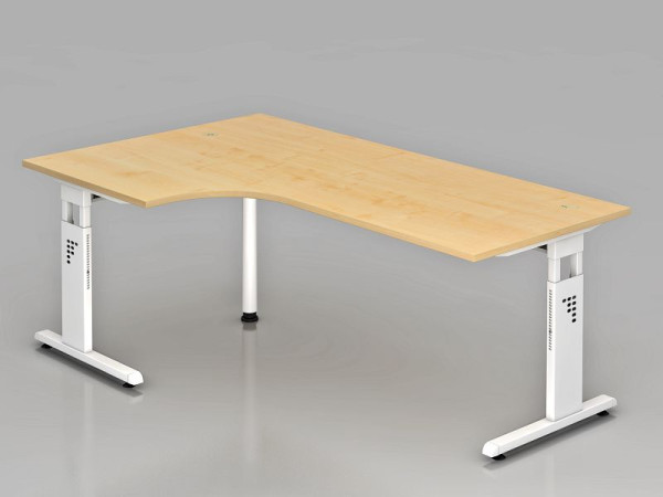 Hammerbacher hoektafel C-poot 200x120cm 90° esdoorn/wit, hoekvorm 90°, horizontale kabelgoot, links of rechts te monteren, VOS82/3/W